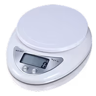 White digital kitchen scale with a round weighing platform and an LCD screen displaying zero.