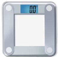 Digital glass bathroom scale displaying zero weight on screen.